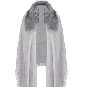 Cabi Heavenly Wrap Light Heather Gray Knit Black Tipped Faux Fur Shawl